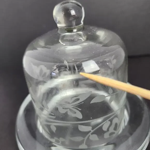 Vintage Miniature Glass Domed Butter Dish Etched Butterflies Vines Votive Candle - Picture 12 of 12